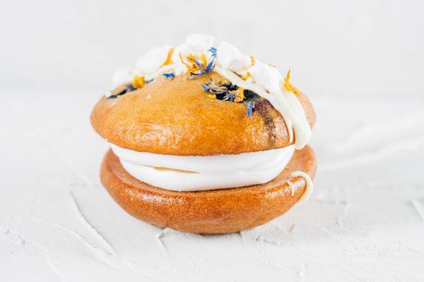 Lemon Curd and Blueberry Whoopie Pie with marshmallow filling, white chocolate and crumbled meringue