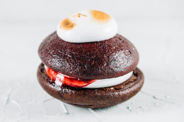 Chocolate and Toasted Marshmallow Whoopie Pie. Chocolate sponge filled with our Whoopie Mallow, jam and toasted marshmallow on the top.
