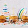 Three Birthday cake Whoopie Pies with candles, streamers and colourful hats